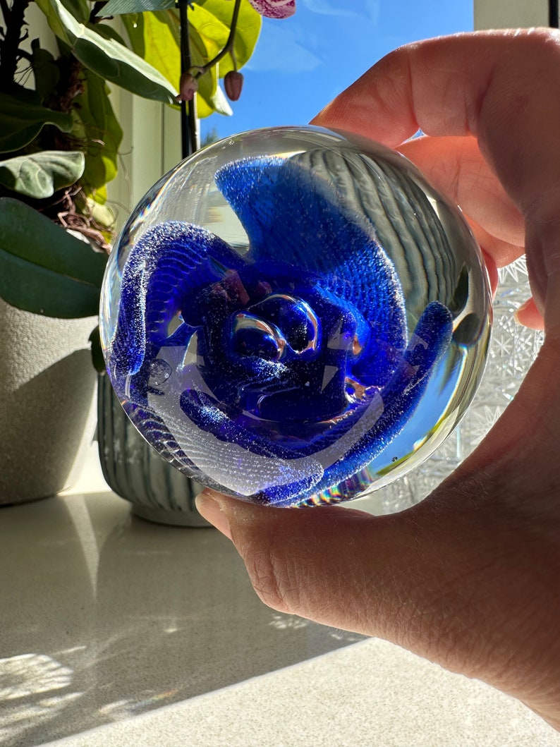 Vintage Blue Flower Paperweight Clear and Brilliant Glass image 3