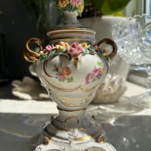 Rococo revival | Dresden-style floral German Porcelain Hand Made Lidded Mantle Decorative Urn Vase | Delicate Floral and Gold