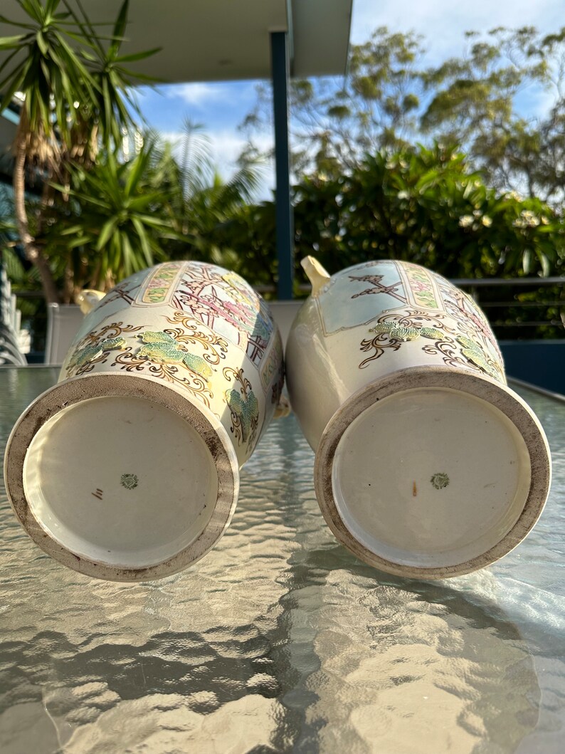 Antique circ 1800 early 1900’s Nippon Vases Set of 2 Large x 37-38 cm tall | Hand-Painted Peacock & Floral Design image 4