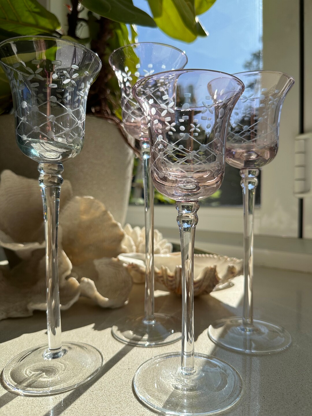 Etched Glass Long Stem Candle Holders Set of 4 Etsy