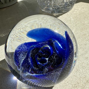 Vintage Blue Flower Paperweight Clear and Brilliant Glass image 6