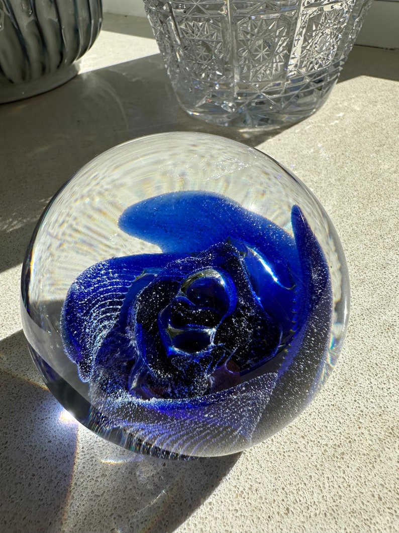 Vintage Blue Flower Paperweight Clear and Brilliant Glass image 6