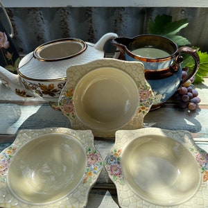 Vintage Crown Devon serveringsskålar: Blommig guldkant, set om 3