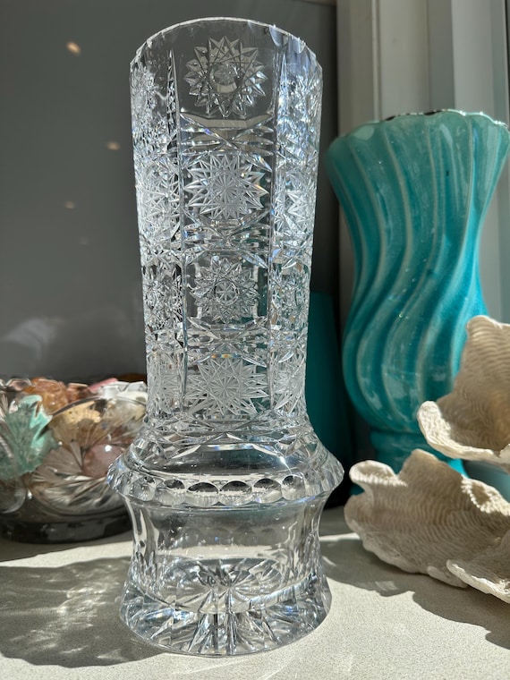Dicke Vintage handgeschliffene Kristallvase | Starburst & Geometric Design Qualität Kristallvase | 30cm groß