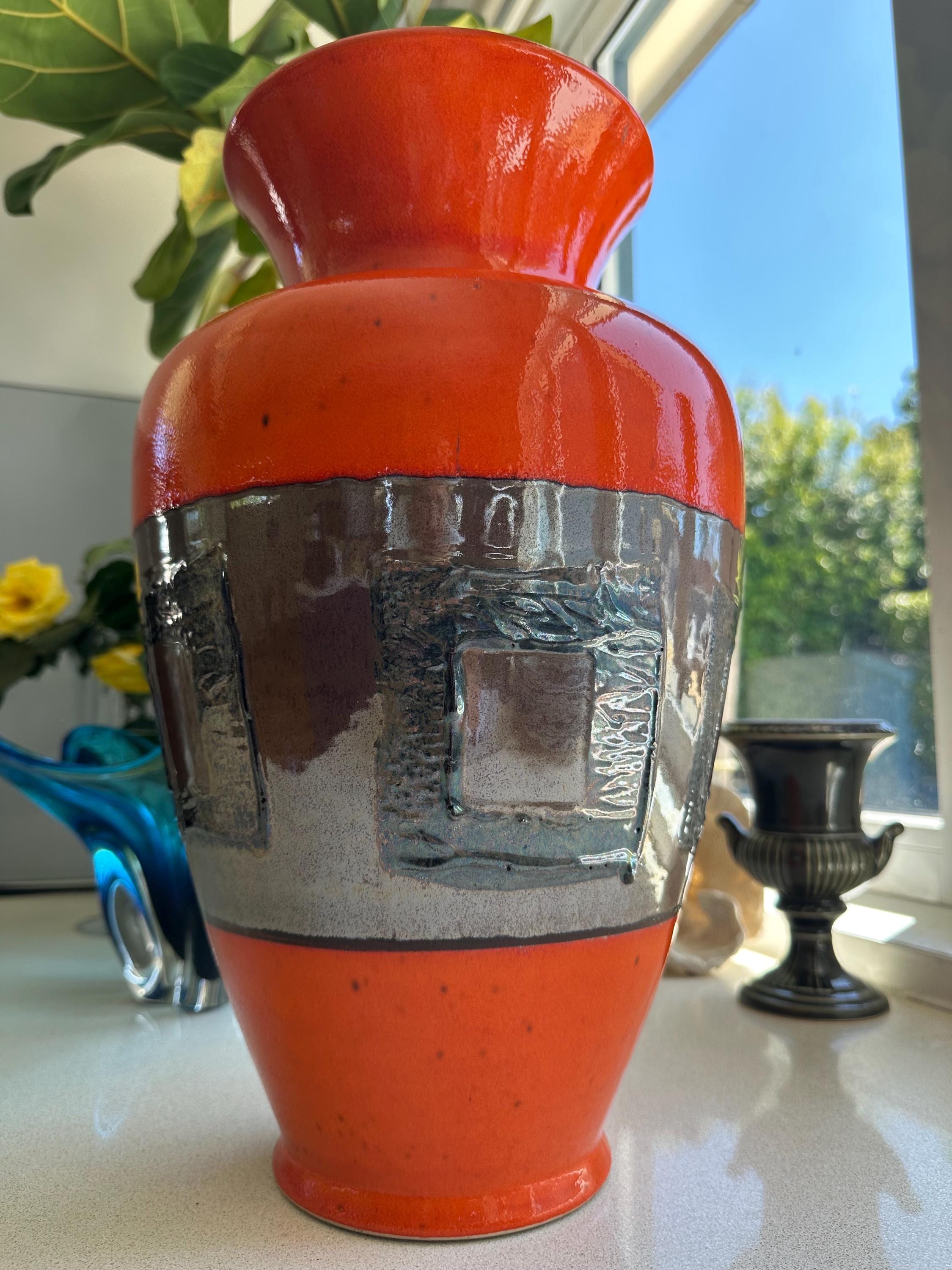 ミッドセンチュリーモダン　陶器 ヴィンテージドイツ製バーロウ陶器の花瓶：シルバーバンド付き大型