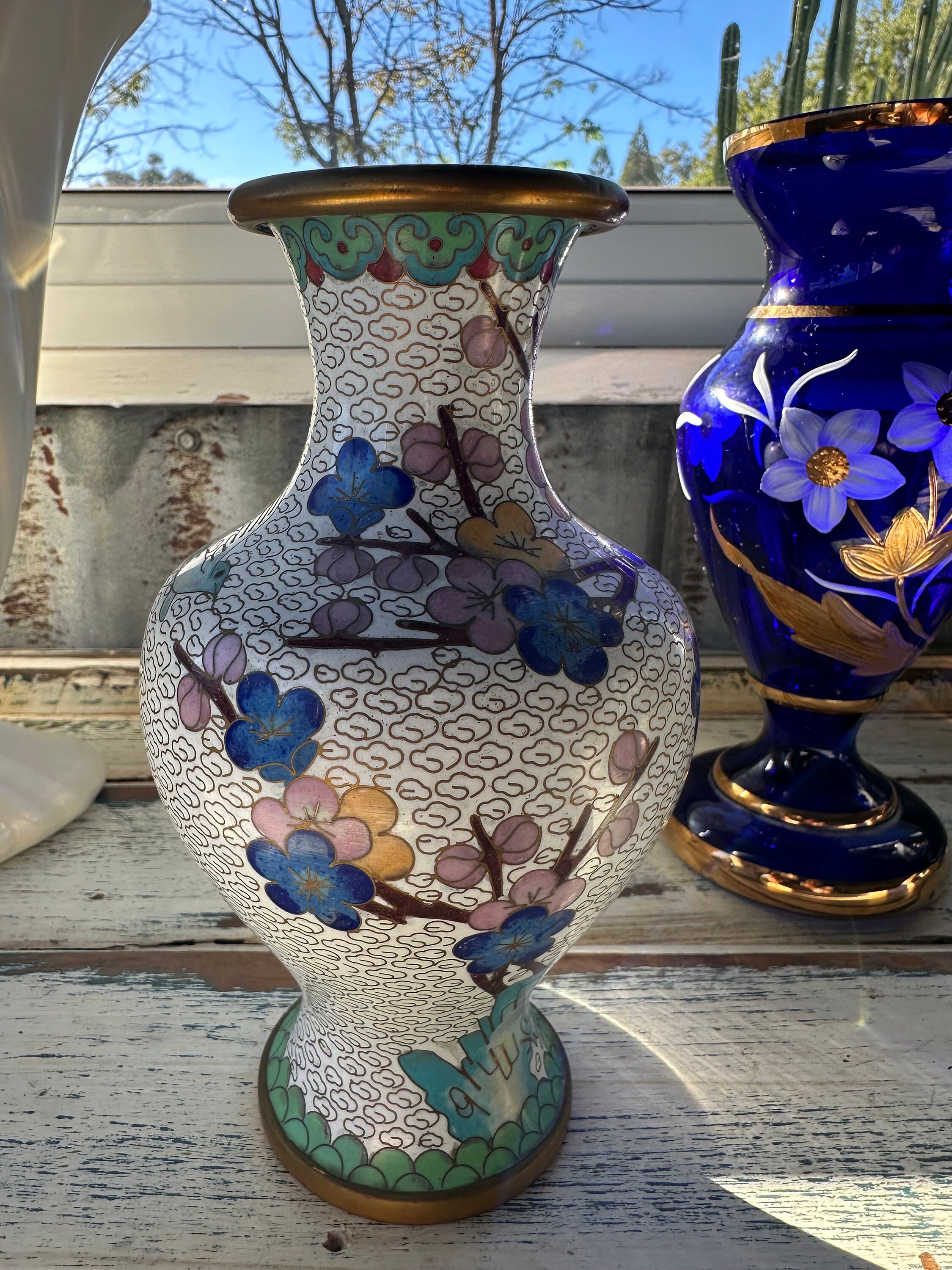 Cloisonne Vase, Mid Century Chinese Cloisonne White, Aqua