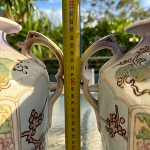 Antique circ 1800 early 1900’s Nippon Vases Set of 2 Large x 37-38 cm tall | Hand-Painted Peacock & Floral Design image 8