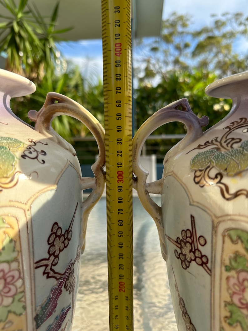 Antique circ 1800 early 1900’s Nippon Vases Set of 2 Large x 37-38 cm tall | Hand-Painted Peacock & Floral Design image 8