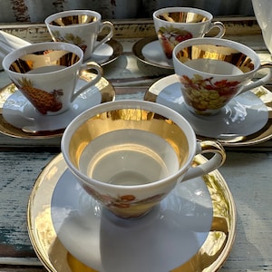 Bavaria Germany Coffee Cups Set, Gold Porcelain, Vintage Leni Parbus Coffee Set 5, Coffee Pot, Cups, Saucers, Milk Creamer and Sugar Bowl