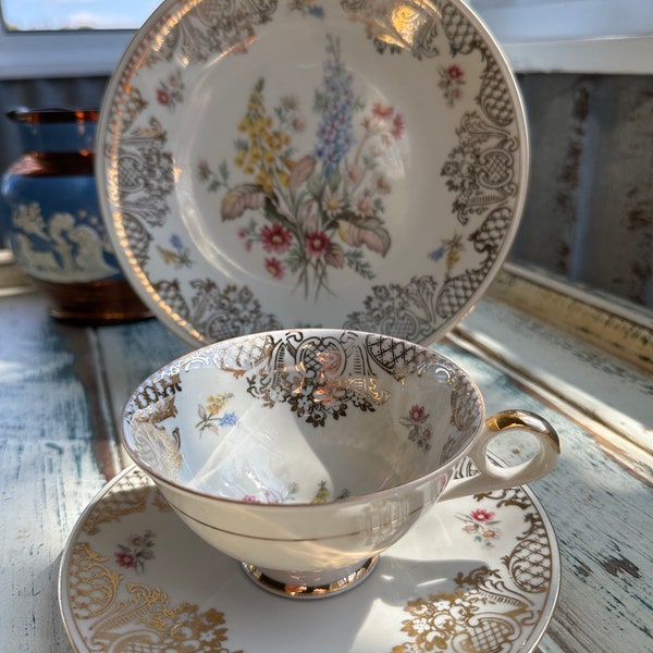 Rare Vintage Tea Cup, Saucer and Cake Plate Set, Tea Set Bavarian China Made in Germany, Gold Floral Design, Vintage Tea Cup, Rare