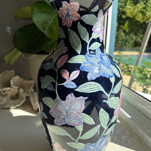 Große Blumenvase aus Porzellan - Orientalische Vintage Vase Indigo Blau mit Orchideen Motiven