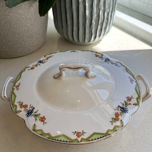 Johnson Bros England Vintage Unique Tureen, Art Deco Style, Green Gold with Floral Design