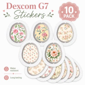 May include: A pack of ten Dexcom G7 stickers with floral designs. The stickers feature various patterns of pink and peach flowers on a white background. The text "Dexcom G7 Stickers" is displayed at the top, and the stickers are water resistant and long lasting.
