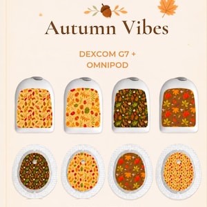 May include: A set of 8 stickers for Dexcom G7 and Omnipod devices, featuring autumn-themed patterns with leaves and acorns. The text reads Autumn Vibes, Dexcom G7 + Omnipod, and Set of 8 Stickers. The stickers have various brown, orange, and yellow designs.