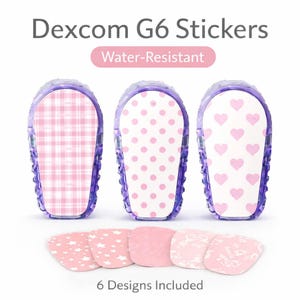 May include: Dexcom G6 Stickers with a water-resistant design. The image shows three clear, purple-edged devices with pink patterned inserts: plaid, polka dots, and hearts. Six additional pink stickers with various designs are also included.