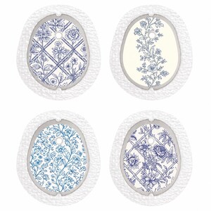 May include: Four oval ornaments with floral patterns. Each has a different blue and white floral design within a silver frame and a textured white border. The designs include trellis and botanical motifs, reminiscent of classic china.