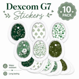 May include: A pack of ten Dexcom G7 stickers featuring diverse green floral designs. The oval-shaped stickers have a white border and a small top hole. The text "Dexcom G7 Stickers" is in green. Icons indicate water resistance and long-lasting properties.