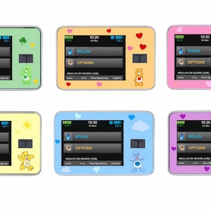 May include: Six colorful insulin pump cases with decorative borders. Each case has a screen displaying "BOLUS" and "OPTIONS" and a time of 10:20. Designs include shamrocks, hearts, a sun, clouds, and a rainbow.
