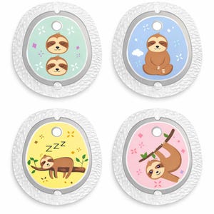 May include: Four oval-shaped, white-framed designs with sloth illustrations. Each design features a different sloth pose against a pastel background: light blue, blue, yellow, and pink. The sloths are brown with closed eyes.