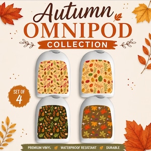 May include: A set of four white Omnipod adhesive covers featuring autumn-themed patterns with leaves, acorns, and small animals. The text reads Autumn OMNIPOD COLLECTION and SET OF 4. The vinyl covers are waterproof and durable for medical devices.