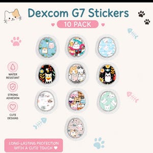 May include: Ten Dexcom G7 stickers featuring adorable cat illustrations. The stickers are water-resistant and designed for strong adhesion. The image text reads: "Long-lasting protection with a cute touch."