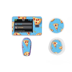 May include: A set of three colorful stickers featuring a pizza pattern. The stickers are designed for a medical device, with one sticker for the pump, one for the sensor, and one for the transmitter. The stickers feature a blue background with yellow and red pizza slices.