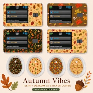May include: A set of eight adhesive stickers for medical devices, featuring four rectangular covers with autumn leaf and bear patterns for insulin pumps and four oval covers for continuous glucose monitors, with the text Autumn Vibes T:SLIM + DEXCOM G7 STICKER COMBO SET OF 8 STICKERS.