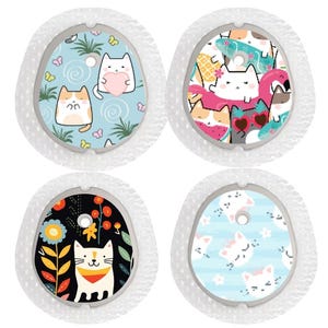 May include: Four medical device covers with cat designs. Each cover features a different pattern: cats with hearts, cats with sunglasses, cats with flowers, and a repeating cat face pattern. The covers have a white, textured border.