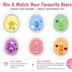 May include: A promotional image showcasing six Care Bear designs in oval frames. The text reads "Mix & Match Your Favourite Bears!" and encourages customers to choose colours for a perfect set. Instructions are provided. Hearts and stars are included in the design.