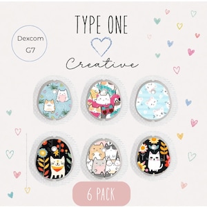 May include: A six-pack of adhesive patches for Dexcom G7 devices, featuring various cat-themed illustrations. The designs include cats with flowers, hearts, and tropical patterns in vibrant colours. The text reads TYPE ONE, Creative, and 6 PACK.