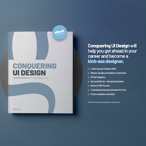 Puede incluir: Una portada de libro con un diseño abstracto azul y blanco. El título es "Conquering UI Design: Principles and Elements Every Designer Needs to Master". El subtítulo es "eBook - Digital Download".