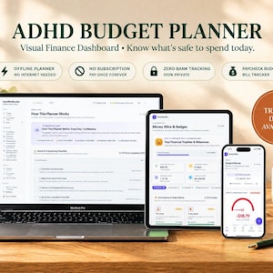 May include: An ADHD budget planner displayed on a laptop, tablet, and smartphone. The screen shows financial dashboards, tracking tools, and checklists. Text includes ADHD BUDGET PLANNER, Visual Finance Dashboard, and TRY FREE DEMO AVAILABLE.