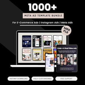 May include: A digital marketing bundle with the text "1000+ META AD TEMPLATE BUNDLE" on a black background. The image includes a laptop, a tablet, and a smartphone displaying various ad templates and the text "For E-Commerce Ads | Instagram Ads | Meta Ads".