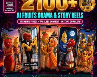 May include: A digital bundle of 2100+ AI Fruits Drama and Story Reels featuring five smartphone screens displaying animated fruit characters in various dramatic scenes, including a strawberry in a red dress and a banana in a blue hoodie.
