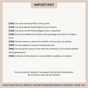 May include: A beige digital product information sheet with the word "IMPORTANT" at the top. The sheet lists the rights associated with the product, including resale and modification rights. Text at the bottom states it is a digital product with no physical item shipped.