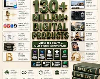 May include: A digital product bundle advertisement featuring the text 130+ MILLION+ DIGITAL PRODUCTS. It includes icons and lists for graphic design, podcasts, social media, t-shirts, ebooks, logos, website themes, AI prompts, and fitness videos.