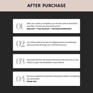 May include: A graphic with the text "AFTER PURCHASE" at the top. Below are four numbered steps in white boxes on a dark background, detailing how to access digital files after purchase, including a link to Etsy and a thank you message.
