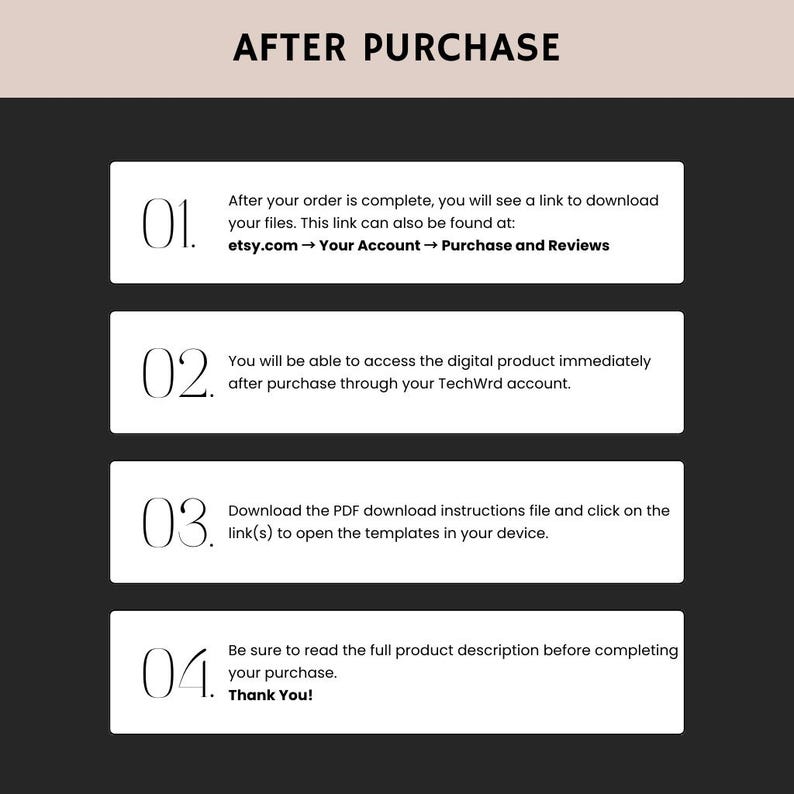 May include: A graphic with the text "AFTER PURCHASE" at the top. Below are four numbered steps in white boxes on a dark background, detailing how to access digital files after purchase, including a link to Etsy and a thank you message.