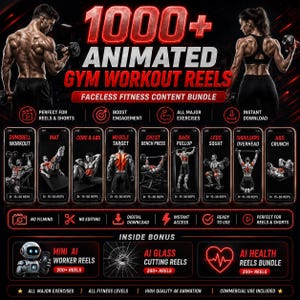 May include: A digital product bundle titled 1000+ ANIMATED GYM WORKOUT REELS, featuring a collection of fitness videos for social media. The graphic displays various exercise categories on smartphone screens, bonus AI content, and feature icons.