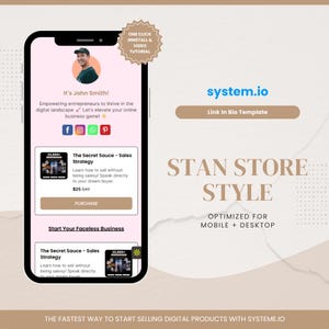 May include: A smartphone screen displays a digital marketing tutorial. The screen shows a profile picture, social media icons, and text that reads "The Secret Sauce - Sales Strategy." The text "STAN STORE STYLE" is also visible.