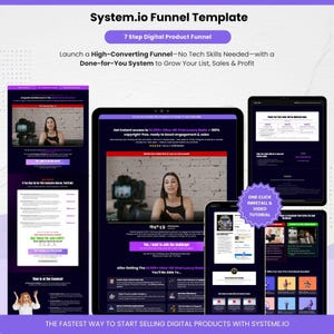 Pode incluir: Gráfico de marketing digital com o texto "System.io Funnel Template" e "7 Step Digital Product Funnel". A imagem mostra uma mulher em videochamada em vários dispositivos, incluindo um tablet e um telefone. O texto promove um sistema pronto para uso.