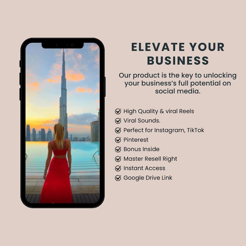 May include: A smartphone displays a scenic view of a tall building and a woman in a red dress. Text on the right side reads "ELEVATE YOUR BUSINESS" and lists features like "High Quality & viral Reels" and "Viral Sounds."