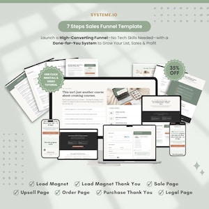May include: A Systeme.io 7 Steps Sales Funnel Template digital product display featuring a computer monitor, two smartphones, and multiple document pages. Text includes "High-Converting Funnel," "35% OFF," and a list of funnel components.