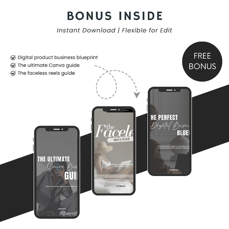 May include: Digital product bundle graphic with three smartphones displaying guides. Text includes "BONUS INSIDE", "Digital product business blueprint", "The ultimate Canva guide", and "The faceless reels guide". A "FREE BONUS" circle is also present.