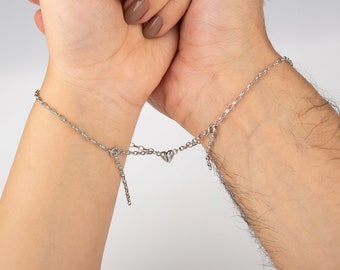 Pulseras de pareja con corazón magnético de plata de ley a juego
