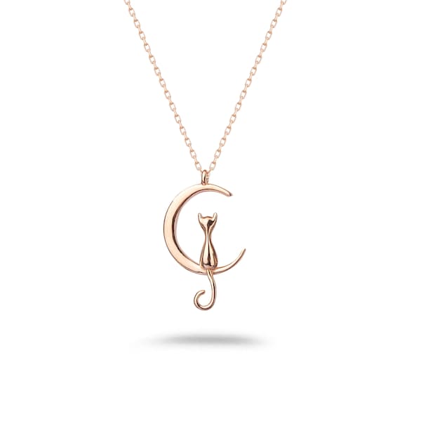 925K Silver Moon Cat Necklace - Kitten Necklace - Cat Necklace - Gift For Cat Lover