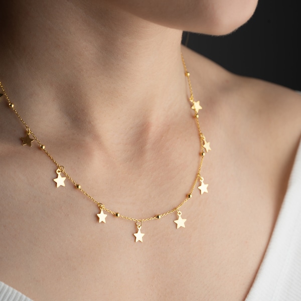 Minimalist Stars Necklace Gold Plated | Delicate Necklace | Celestial Necklace with Multi Star | Tiny Stars Necklace | Celestial Jewelry