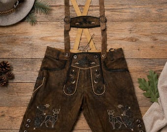 LEDERHOSEN Leather Men’s German Bavarian Shorts trachten Oktoberfest LIGHT Brown with socks