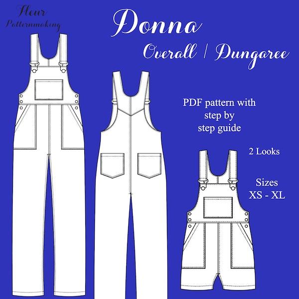 Donna Overall / Dungaree - sizes XS-XL - Instant download A4 PDF sewing pattern