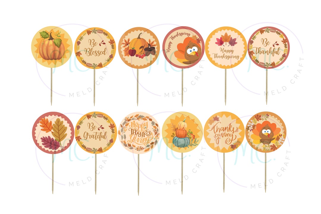 Thanksgiving Printable Cupcake Toppers, 12 Fine Designs, Thanksgiving ...